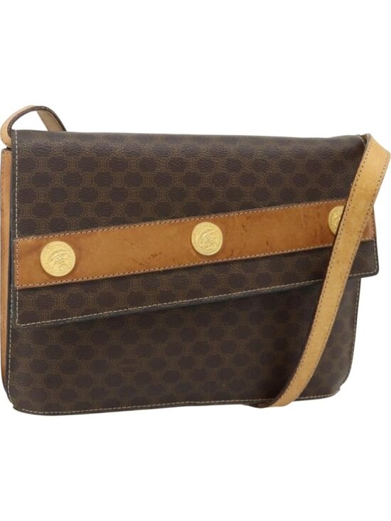 CELINE Macadam Canvas Medallion Shoulder Bag PVC Leather Brown Gold